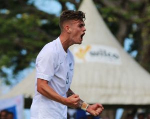 New Zealand's hat-trick hero Myer Bevan celebrates a goal.